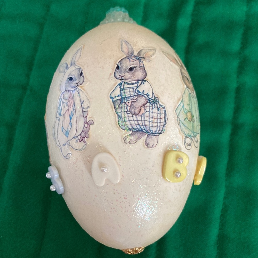 HANDCRAFTED and decorated real egg with bunnies for BABY, signed.    $23
